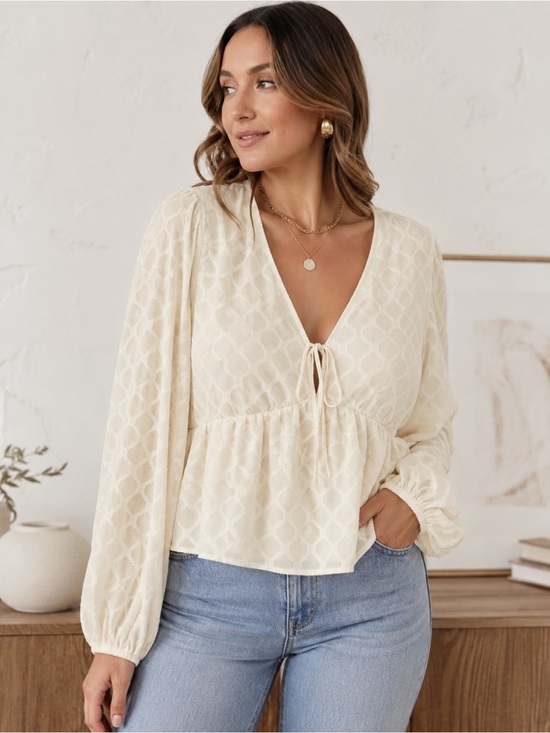 Elizabeth and James Tops - Elizabeth and James Cream Textured Tie-Front Peplum Blouse